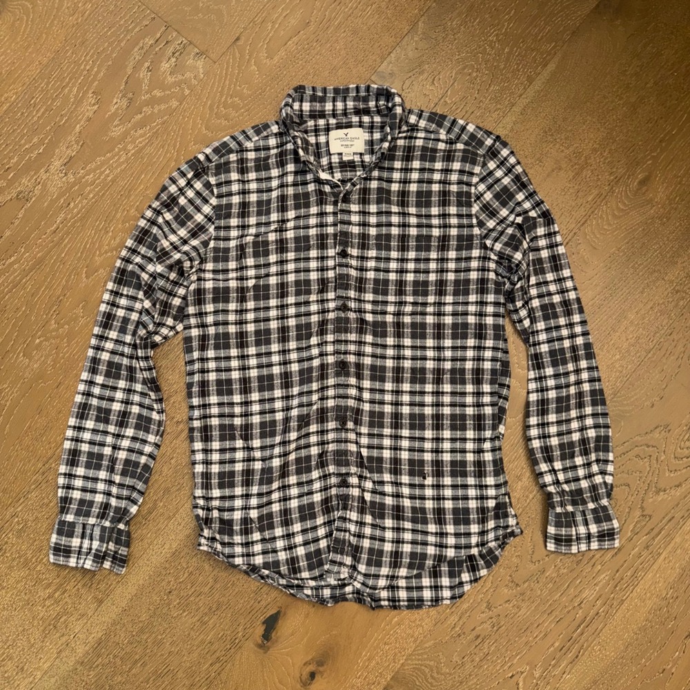 American Eagle Mens Seriously Soft Flannel Shirt Black White Plaid M Classic Fit